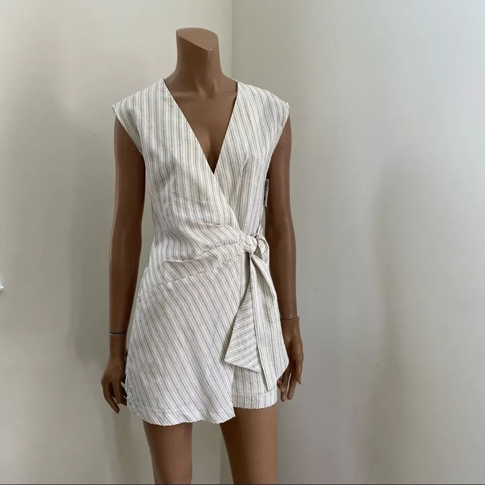NEW ZARA stripes wrap side tie linen romper XS